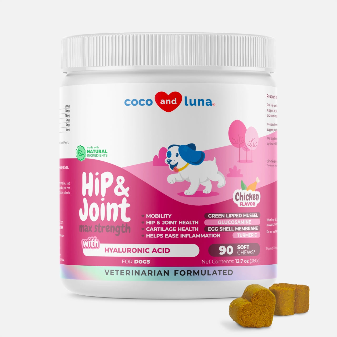 Hip and Joint Support for Dogs Max Strength 90 Soft Chews Coco and Luna