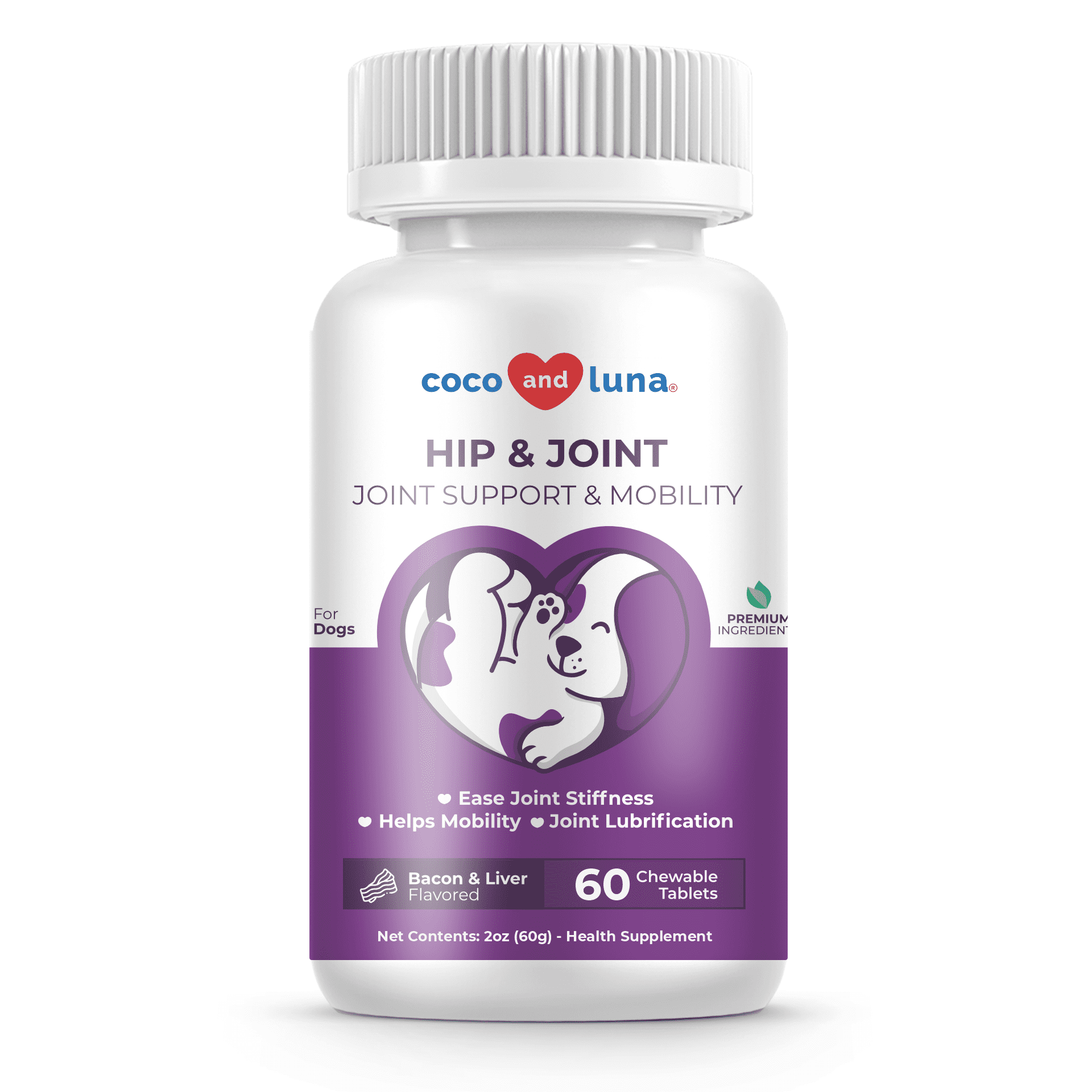 Hip and Joint Support for Dogs - 60 Chewable Tablets - Coco and Luna