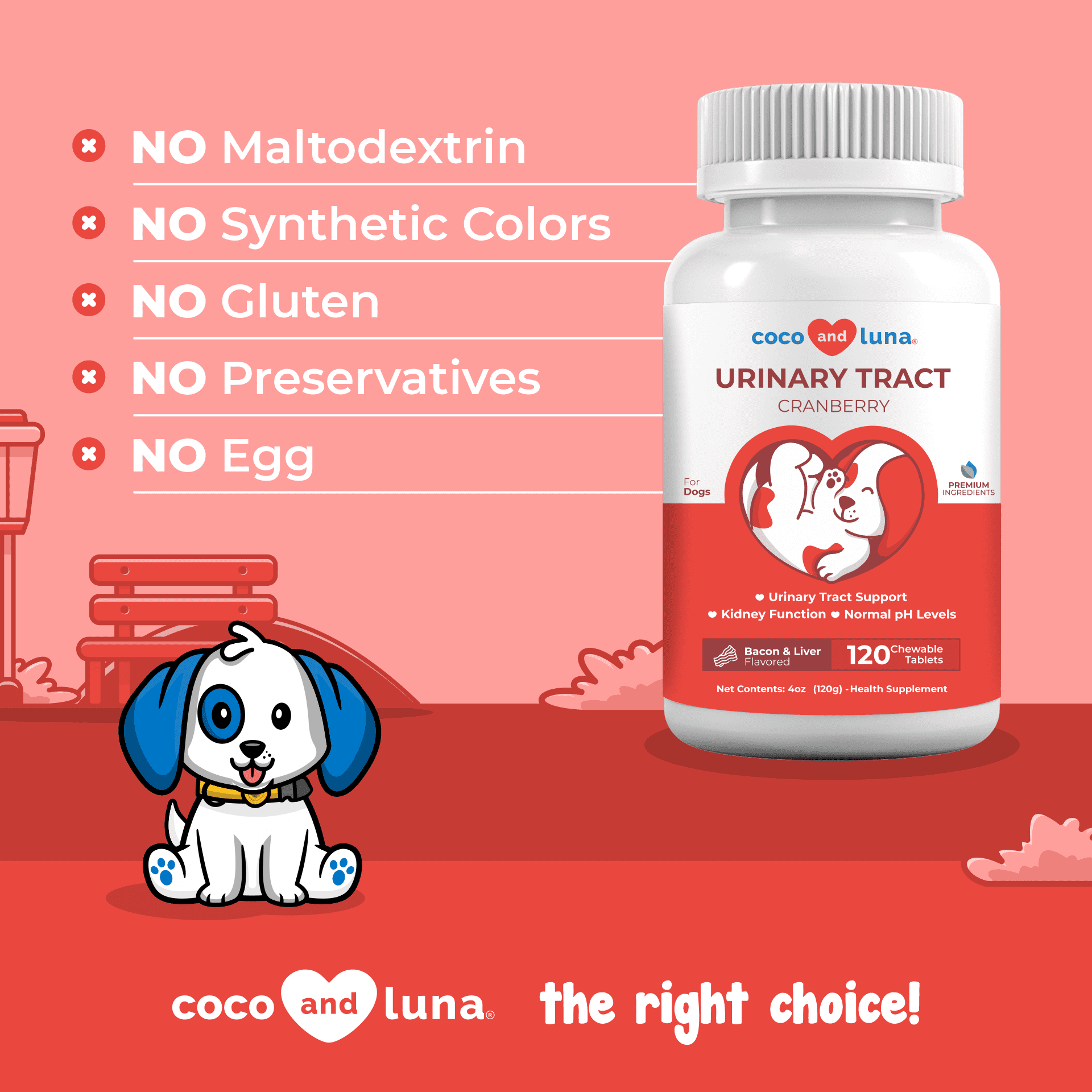 Urinary Tract Support for Dogs - 60 Chewable Tablets - 4 Pack - Coco and Luna