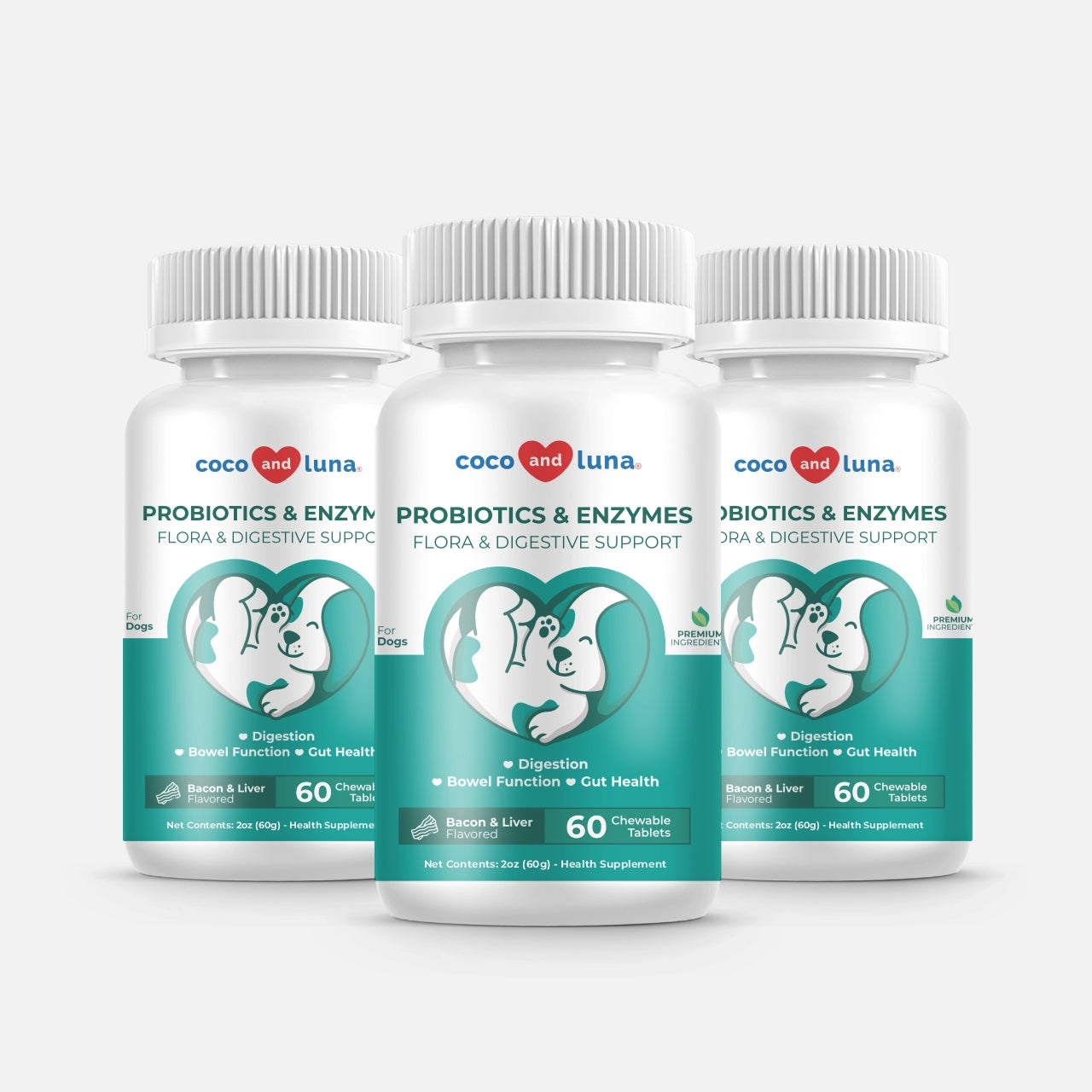 Probiotics and Enzymes for Dogs - 3 Pack 60 Tablets - Coco and Luna