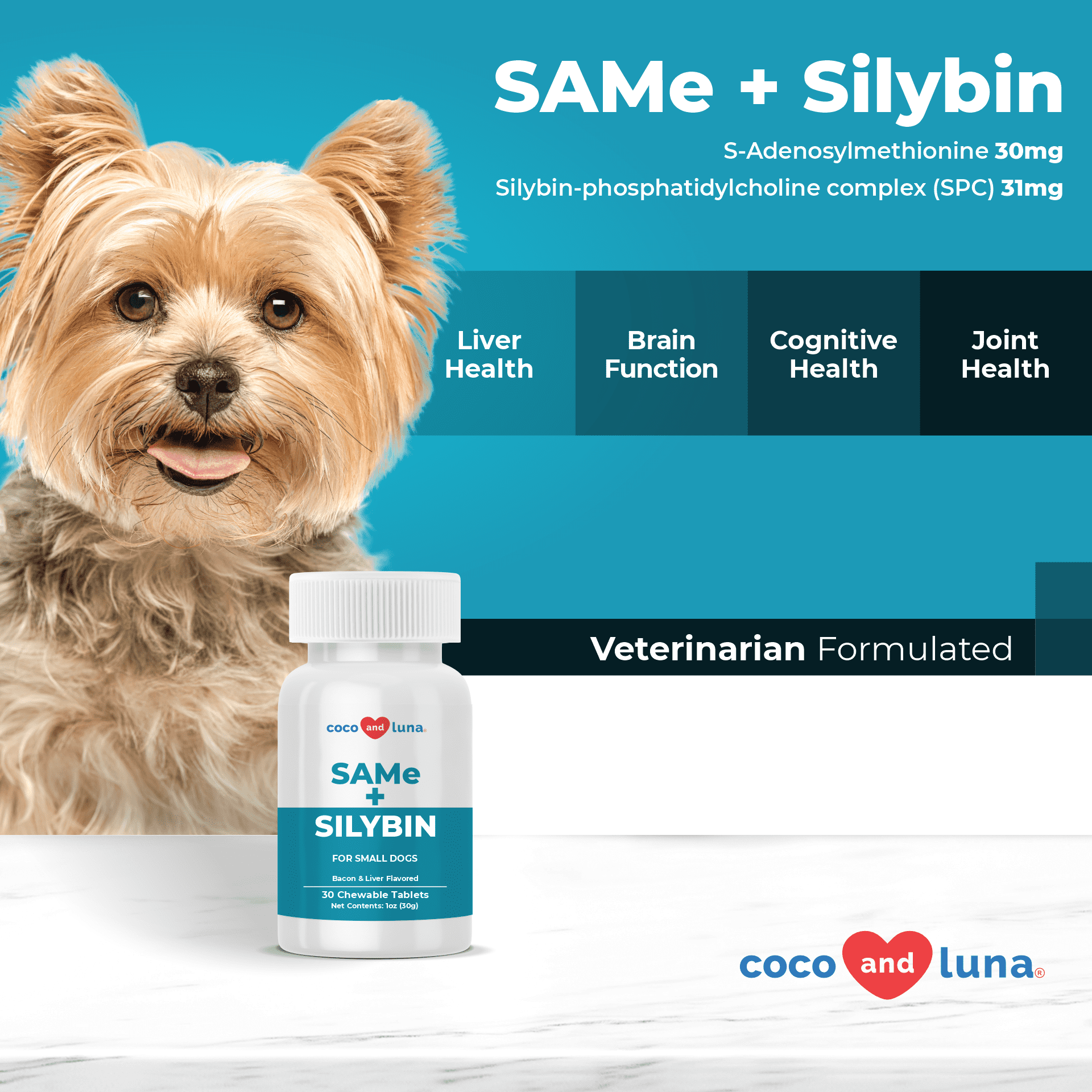 Same and Silybin Small for Dogs - S-Adenosyl-L-Methionine, Liver Supplement for Dogs, Silybin A+B, Dog Liver Support - 30 Chewable Tablets - Coco and Luna
