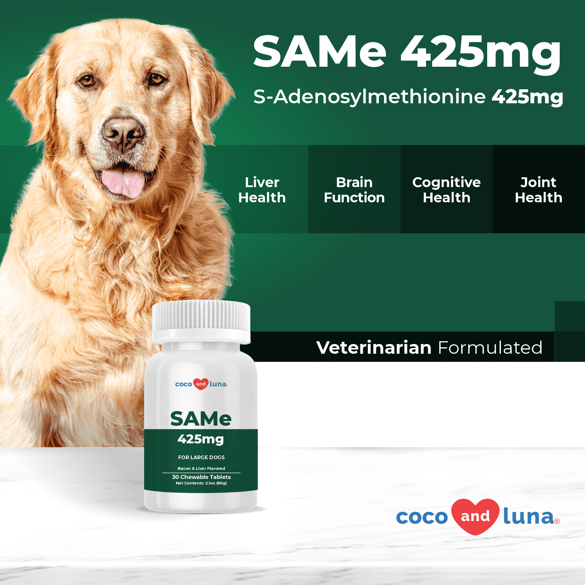 Same for Large Dogs - S-Adenosyl-L-Methionine, Same 425mg, Promotes Cognitive Support, Dog Liver Support Supplement (Veterinarian Formulated, Large Dogs) - Coco and Luna